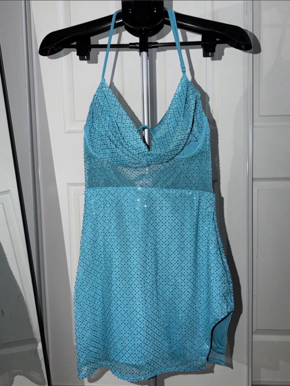 oh polly aqua blue rhinestone embellished cowl neck mini dress